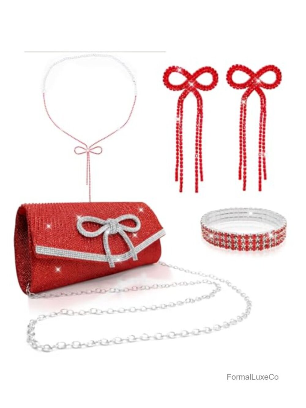 4 Pc Rhinestone Bow Evening Clutch Purse Set with Necklace Bracelet Earrings